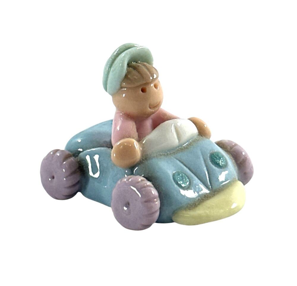Miniature Ceramic Boy Race Car Figurine Pastel Racing Driver 1.25”
